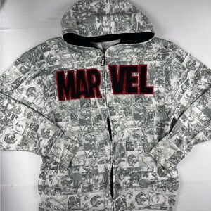 Universal Marvel All-Over Comic Print Zip Hoodie - Gray/Black with Red Logo